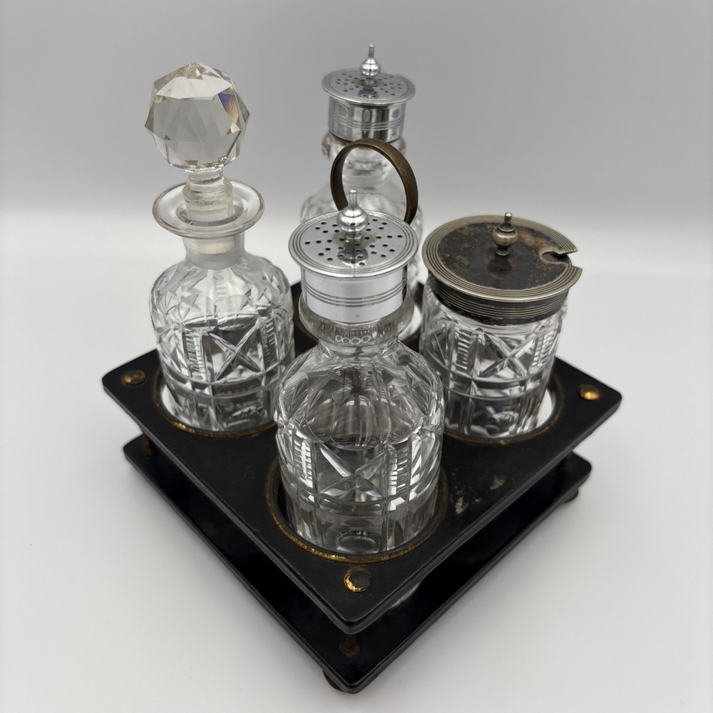 Vintage 4 Pc Etched Glass Cruets Condiment Bottles Caddy Holder Silver Plate